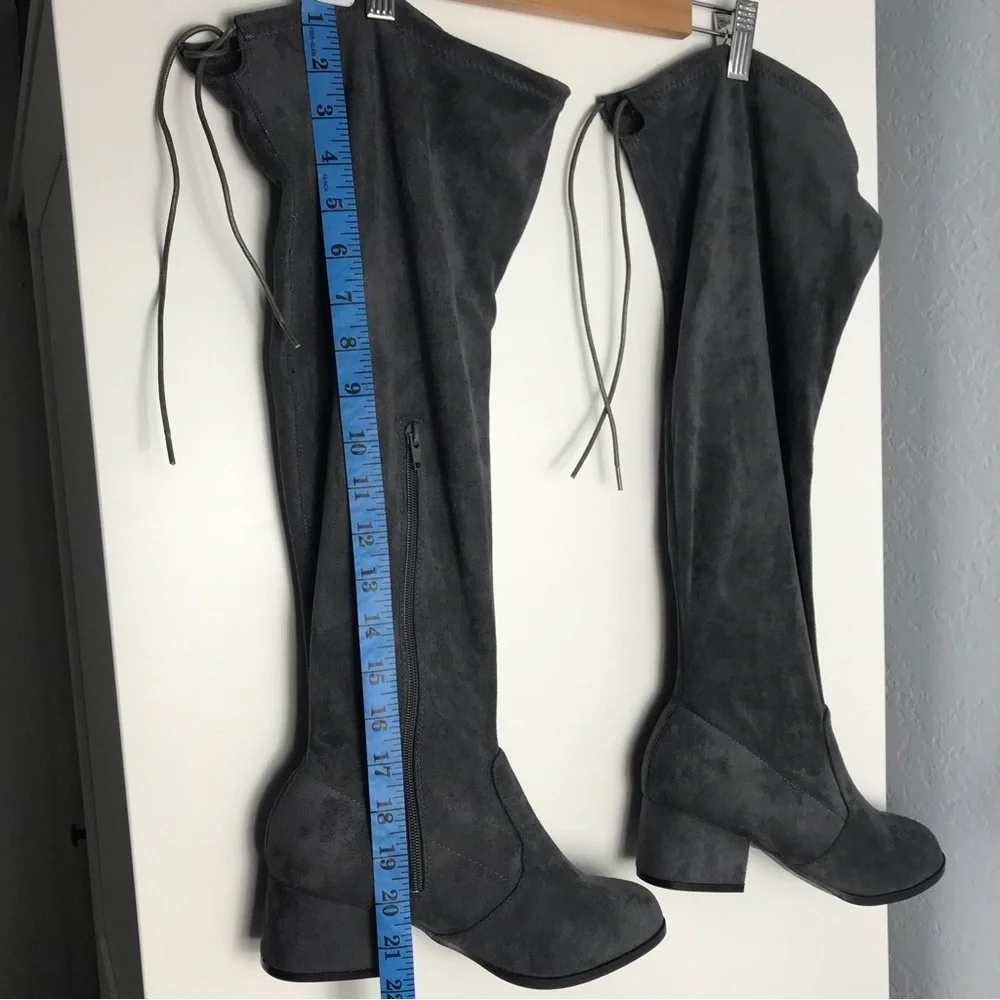 NWOT Gray Faux Suede Over the Knee Boots | Block Heel Tie Back Zip | Fall Winter